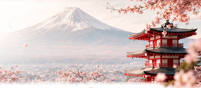 Fuji Dağı, sakura dalları ve Japon tapınağı manzarası